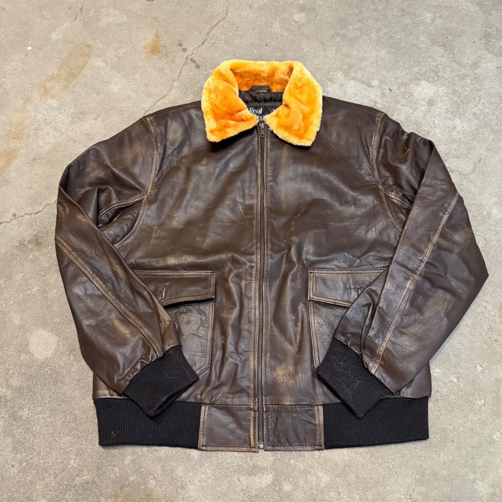 G-1 Flying Aviator Real Leather Bomber Jacket Mens 2XL Brown Faux Fur Collar